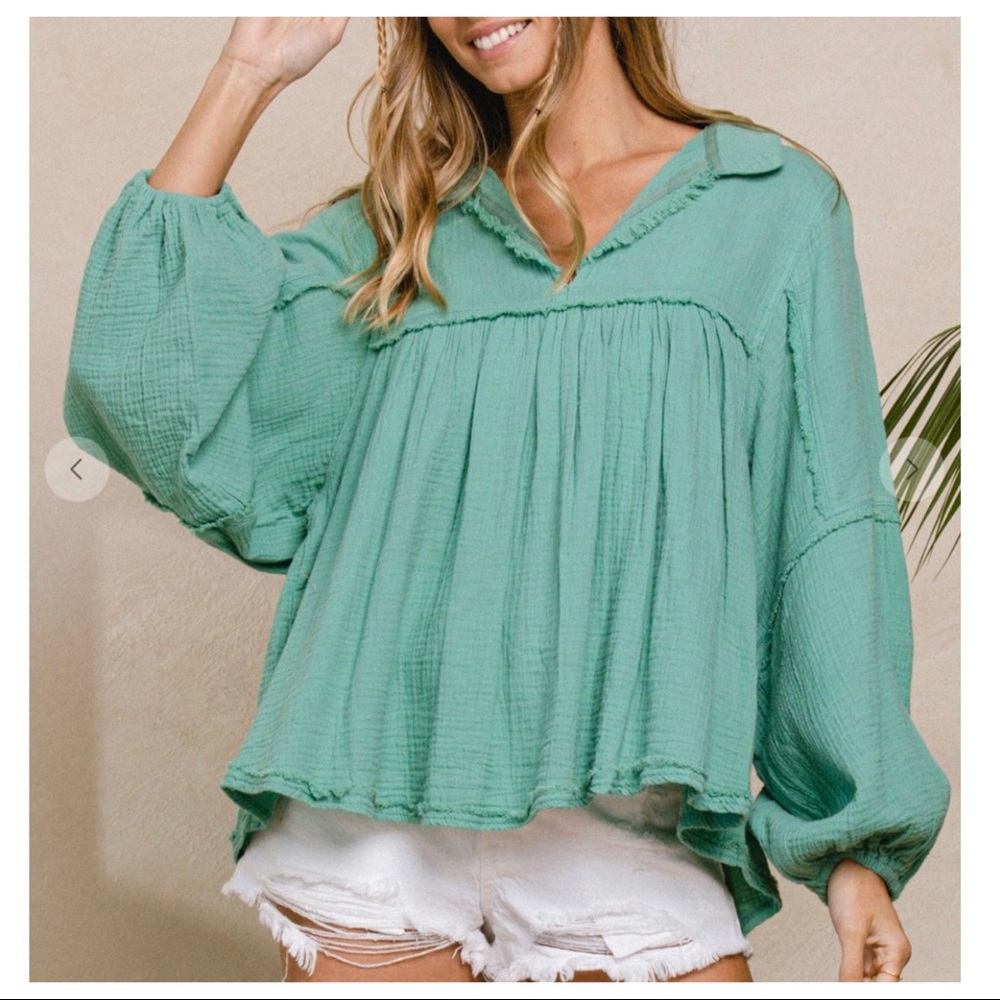 #08 Boho Chic Cotton Gauze Fabric Solid BabyDoll Top - Picture 6 of 7